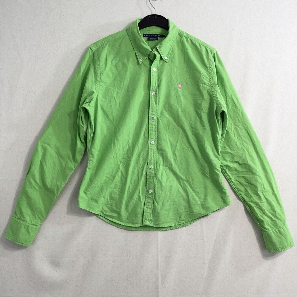 Ralph Lauren Womens Green Button Shirt Cotton Stretch Long Sleeve Logo Size 8